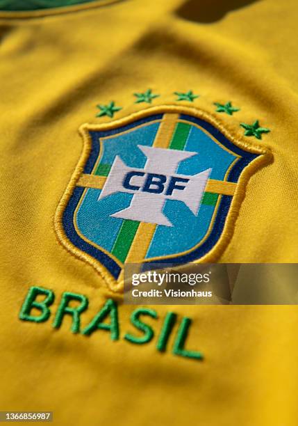 The Brazil National Badge or the badge pf the Confederação Brasileira de Futebol on their home shirt on January 25, 2021 in Manchester, United...