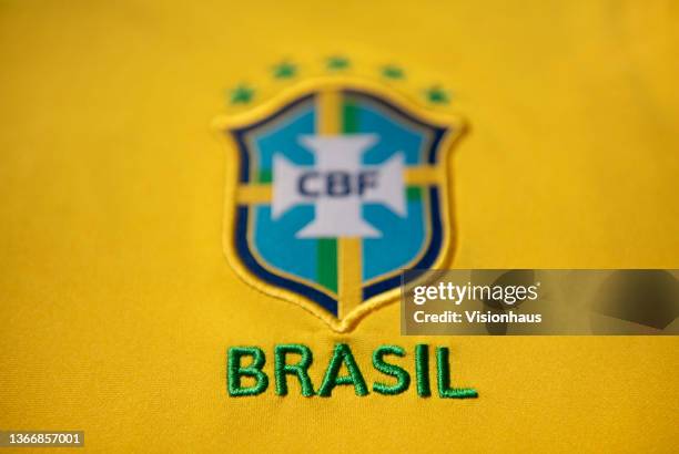 The Brazil National Badge or the badge pf the Confederação Brasileira de Futebol on their home shirt on January 25, 2021 in Manchester, United...