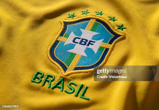The Brazil National Badge or the badge pf the Confederação Brasileira de Futebol on their home shirt on January 25, 2021 in Manchester, United...