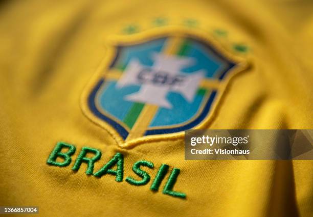 The Brazil National Badge or the badge pf the Confederação Brasileira de Futebol on their home shirt on January 25, 2021 in Manchester, United...