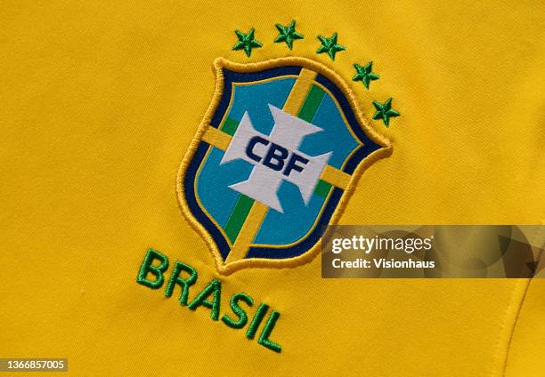 The Brazil National Badge or the badge pf the Confederação Brasileira de Futebol on their home shirt on January 25, 2021 in Manchester, United...