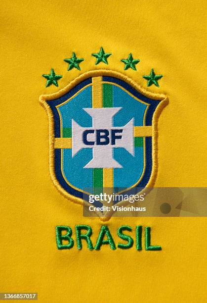 The Brazil National Badge or the badge pf the Confederação Brasileira de Futebol on their home shirt on January 25, 2021 in Manchester, United...