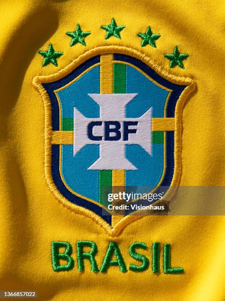 The Brazil National Badge or the badge pf the Confederação Brasileira de Futebol on their home shirt on January 25, 2021 in Manchester, United...