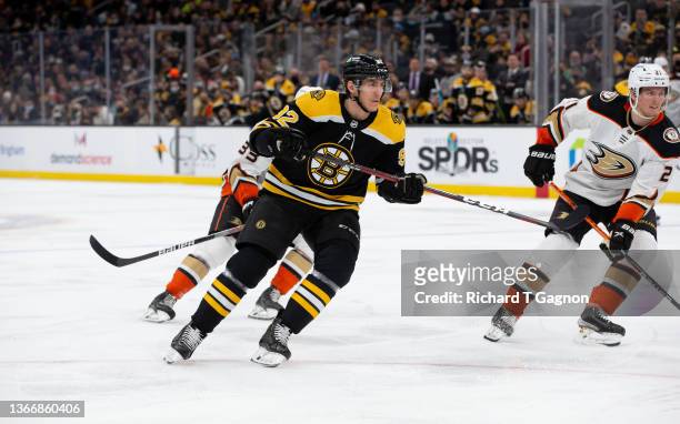 Tomas Nosek of the Boston Bruins skates against the Anaheim Ducks during the first period at the TD Garden on January 24, 2022 in Boston,...