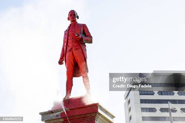 Red paint covers a vandalised statue of Captain James Cook at Catani Gardens in St Kilda on January 26, 2022 in Melbourne, Australia. Australia Day,...