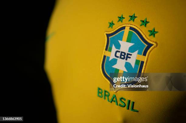The National Badge of Brazil or the badge of the Confederação Brasileira de Futebol on their home shirt on January 25, 2021 in Manchester, United...