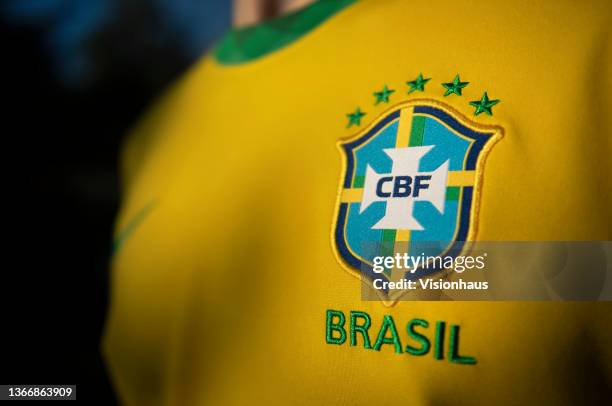 The National Badge of Brazil or the badge of the Confederação Brasileira de Futebol on their home shirt on January 25, 2021 in Manchester, United...