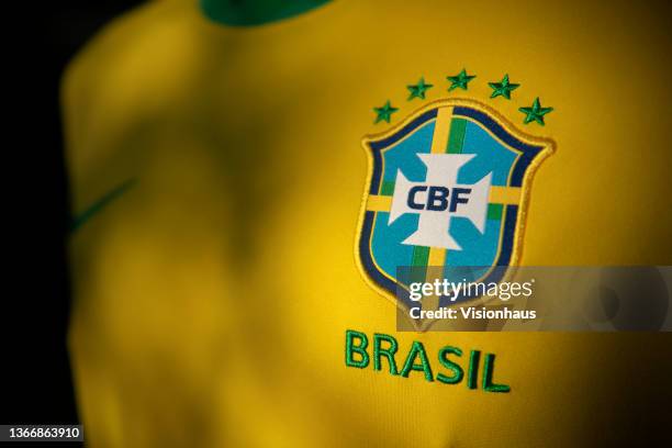 The National Badge of Brazil or the badge of the Confederação Brasileira de Futebol on their home shirt on January 25, 2021 in Manchester, United...