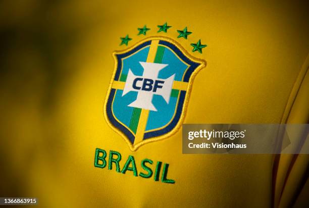 The National Badge of Brazil or the badge of the Confederação Brasileira de Futebol on their home shirt on January 25, 2021 in Manchester, United...