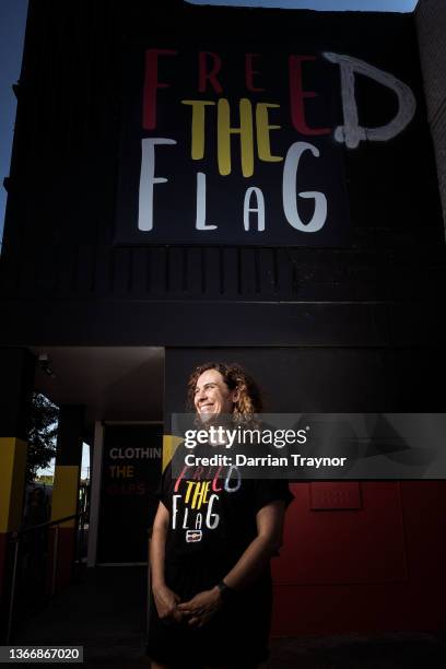 Gunditjmara woman Laura Thompson poses for a photo outside the Clothing the Gaps store in Brunswick on January 26, 2022 in Melbourne, Australia. The...