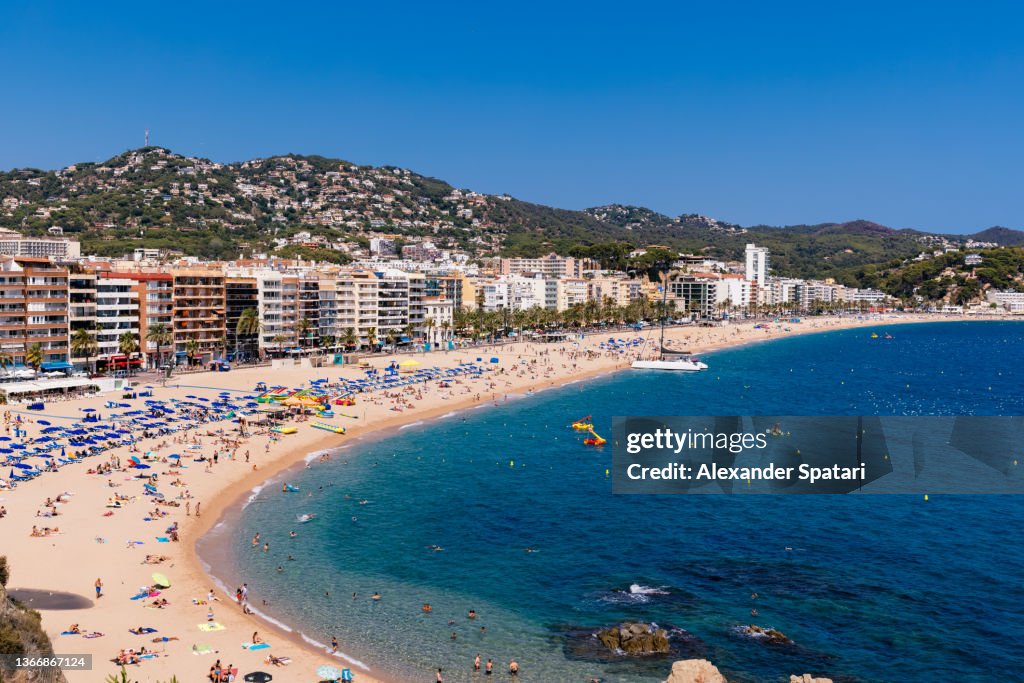 Aerial view of beach in Lloret de Mar, Costa Brava, Spain