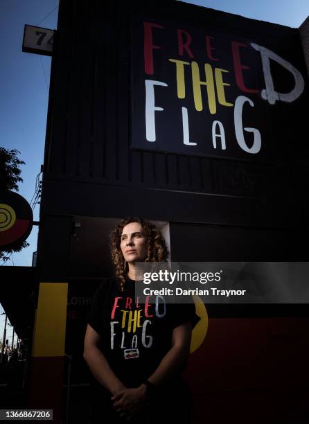 Gunditjmara woman Laura Thompson poses for a photo outside the Clothing the Gaps store in Brunswick on January 26, 2022 in Melbourne, Australia. The...