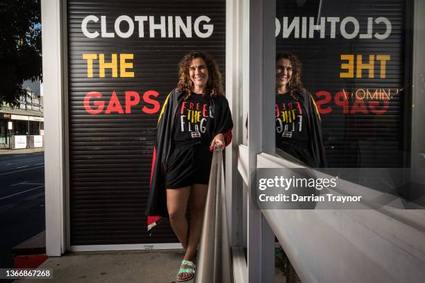 Gunditjmara woman Laura Thompson poses for a photo outside the Clothing the Gaps store in Brunswick on January 26, 2022 in Melbourne, Australia. The...