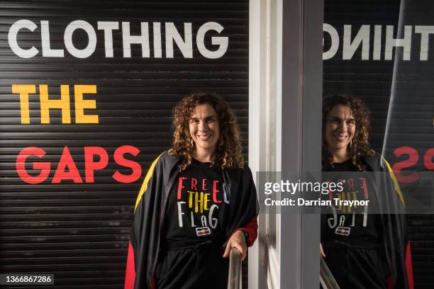 Gunditjmara woman Laura Thompson poses for a photo outside the Clothing the Gaps store in Brunswick on January 26, 2022 in Melbourne, Australia. The...