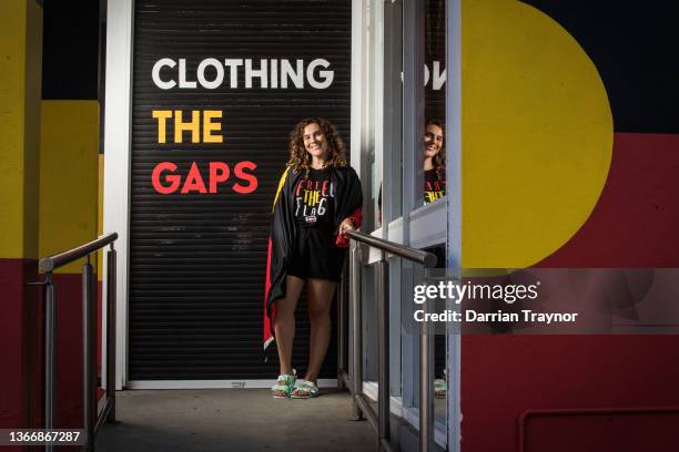 Gunditjmara woman Laura Thompson poses for a photo outside the Clothing the Gaps store in Brunswick on January 26, 2022 in Melbourne, Australia. The...