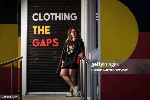 Gunditjmara woman Laura Thompson poses for a photo outside the Clothing the Gaps store in Brunswick on January 26, 2022 in Melbourne, Australia. The...