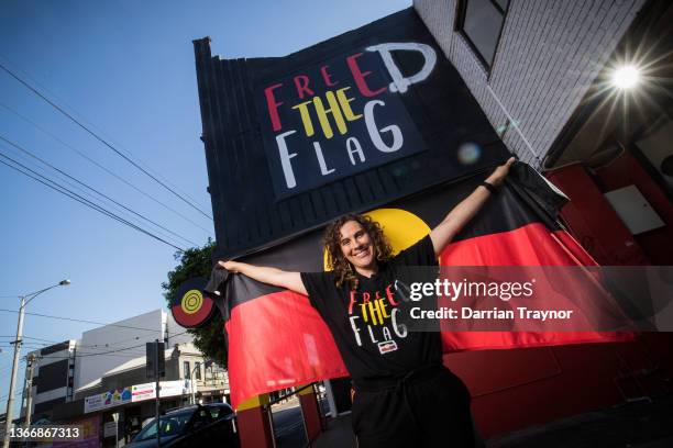 Gunditjmara woman Laura Thompson poses for a photo outside the Clothing the Gaps store in Brunswick on January 26, 2022 in Melbourne, Australia. The...