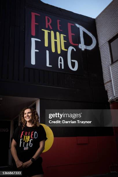 Gunditjmara woman Laura Thompson poses for a photo outside the Clothing the Gaps store in Brunswick on January 26, 2022 in Melbourne, Australia. The...