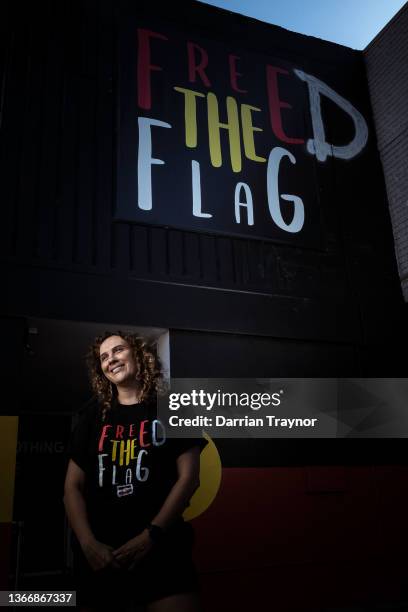 Gunditjmara woman Laura Thompson poses for a photo outside the Clothing the Gaps store in Brunswick on January 26, 2022 in Melbourne, Australia. The...