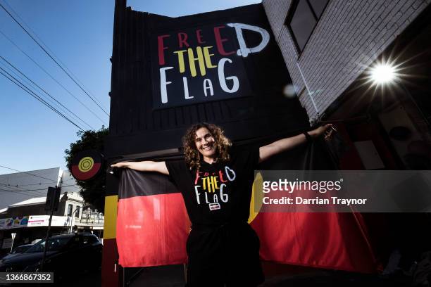 Gunditjmara woman Laura Thompson poses for a photo outside the Clothing the Gaps store in Brunswick on January 26, 2022 in Melbourne, Australia. The...