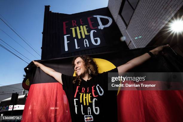 Gunditjmara woman Laura Thompson poses for a photo outside the Clothing the Gaps store in Brunswick on January 26, 2022 in Melbourne, Australia. The...