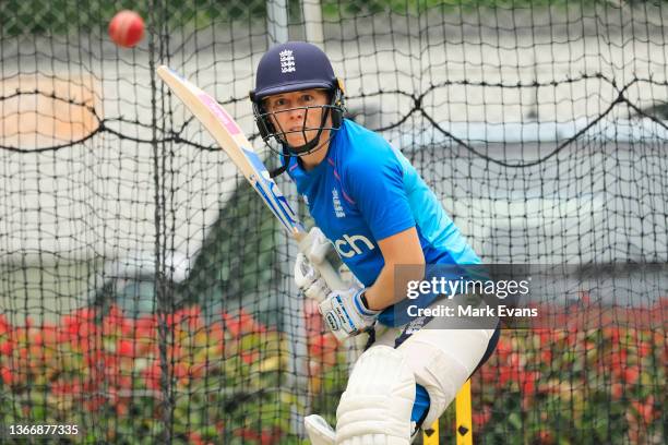 Captain, Heather Knight, bats during an England Women's Ashes series training session at Manuka Oval on January 26, 2022 in Canberra, Australia.