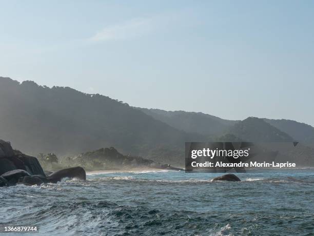 sea waves landscape with lots of foam and fog in the background at sunset in tayrona park, colombia - colombia beach stock pictures, royalty-free photos & images