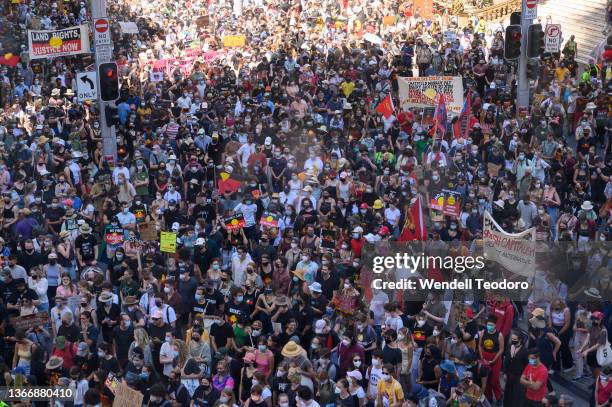 Protesters at the Invasion day protest at Sydney Town Hall march during Australia Day, formerly known as Foundation Day, is the official national day...