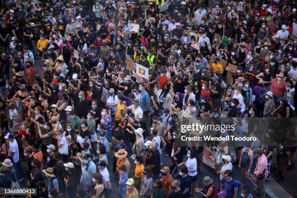 Protesters at the Invasion day protest at Sydney Town Hall march during Australia Day, formerly known as Foundation Day, is the official national day...