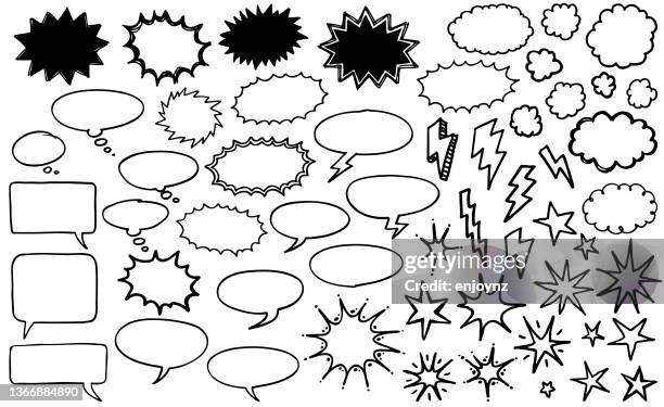 black pen comic speech bubbles and icons - thunder v stars stock illustrations