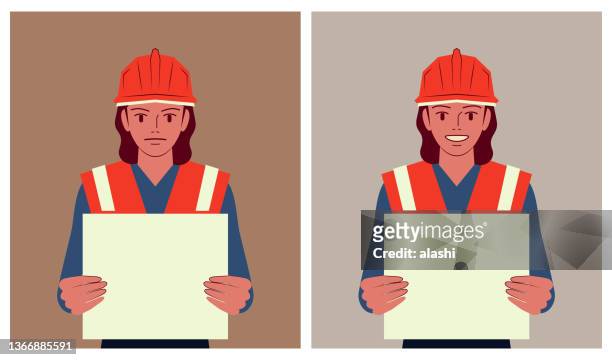 stockillustraties, clipart, cartoons en iconen met a female architect wears a work helmet and holds a blank sign with two different emotions - reflective clothing