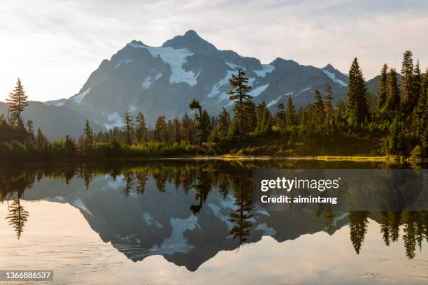 reflection of mt shuksan in picture lake at sunrise - mt shuksan imagens e fotografias de stock