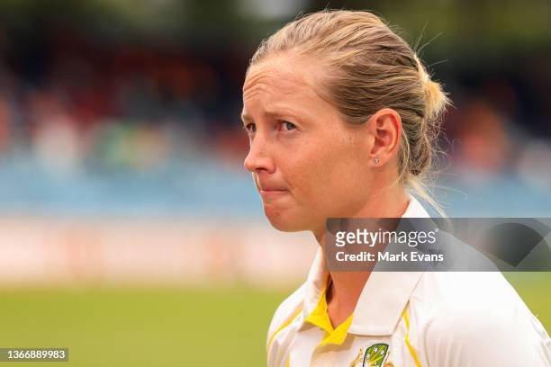 Captain of the Australian women's cricket team, Meg Lanning looks on during a Women's Ashes series media opportunity at Manuka Oval on January 26,...