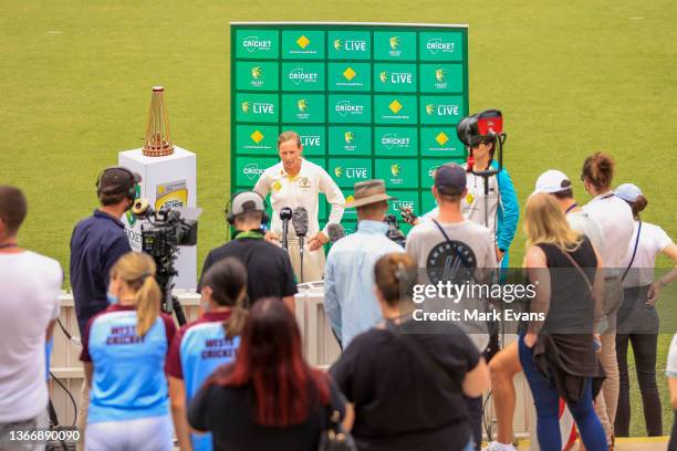 Captain of the Australian women's cricket team, Meg Lanning speaks during a Women's Ashes series media opportunity at Manuka Oval on January 26, 2022...