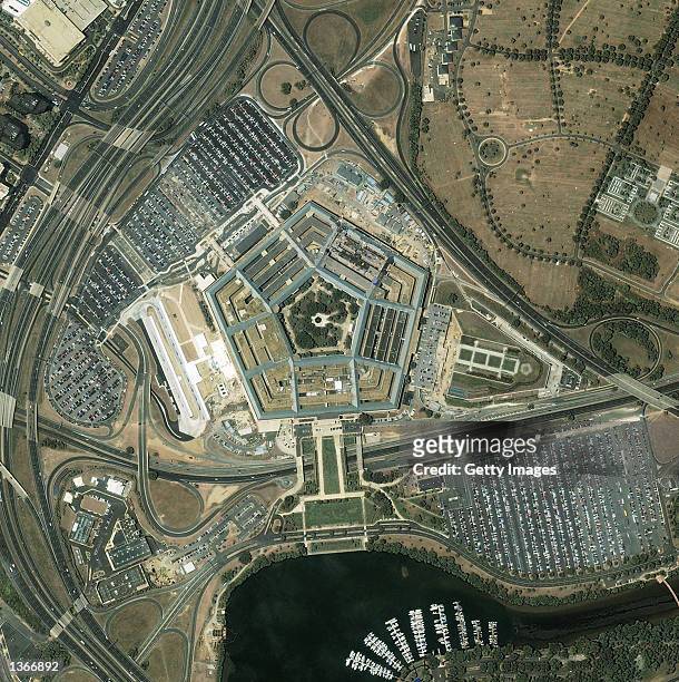 Satellite image of the Pentagon reconstruction was taken August 5, 2002 by the IKONOS satellite over Washington D.C. The image shows new rooflines...