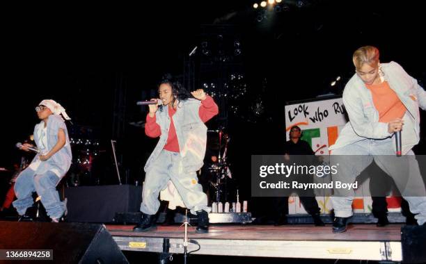 Rapper Left Eye and singers Chilli and T-Boz of TLC performs at the Rosemont Horizon in Rosemont, Illinois in January 1993.