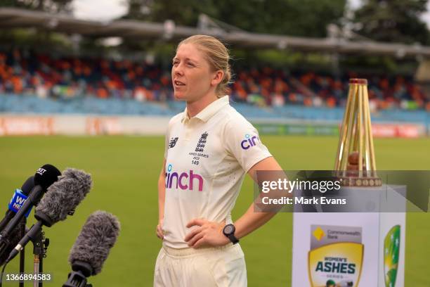 Captain of the England women's cricket team, Heather Knight speak during a Women's Ashes series media opportunity at Manuka Oval on January 26, 2022...