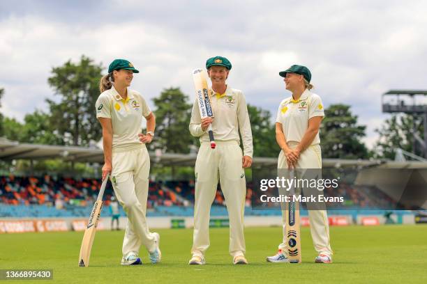 Ellyse Perry Meg Lanning and Alyssa Healy of Australia pose for a photo during a Women's Ashes series media opportunity at Manuka Oval on January 26,...