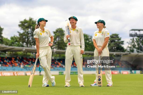 Ellyse Perry Meg Lanning and Alyssa Healy of Australia pose for a photo during a Women's Ashes series media opportunity at Manuka Oval on January 26,...