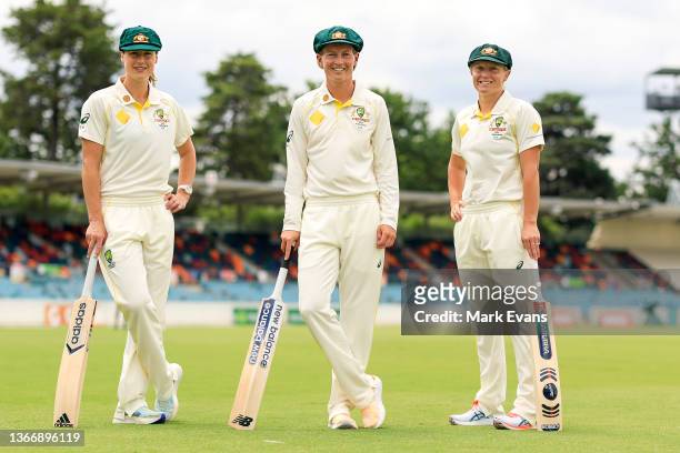 Ellyse Perry Meg Lanning and Alyssa Healy of Australia pose for a photo during a Women's Ashes series media opportunity at Manuka Oval on January 26,...