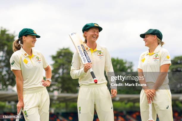 Ellyse Perry Meg Lanning and Alyssa Healy of Australia laugh as they pose for a photo during a Women's Ashes series media opportunity at Manuka Oval...