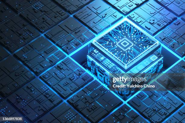 futuristic semiconductor and circuit board - computer chip stock-fotos und bilder