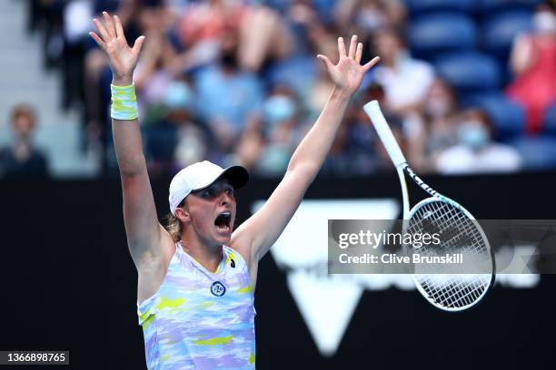 Iga Swiatek of Poland celebrates match point in her Women's Singles Quarterfinals match against Kaia Kanepi of Estonia during day 10 of the 2022...