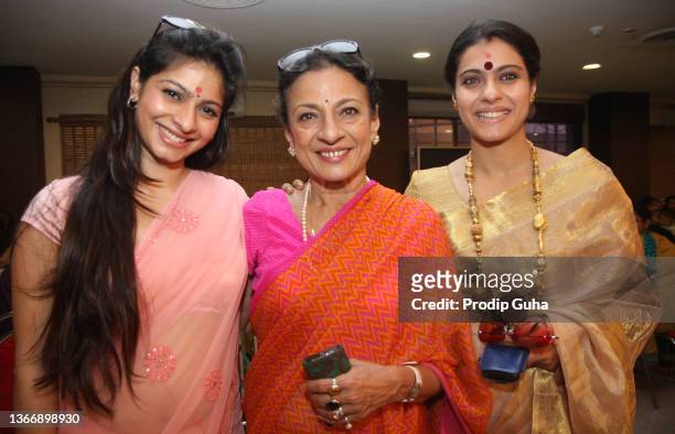 Tanishaa Mukerji, Tanuja and Kajol Devgn attend the North bombay sarbojanik durga Puja festivel on October 21,2012 in Mumbai, India.