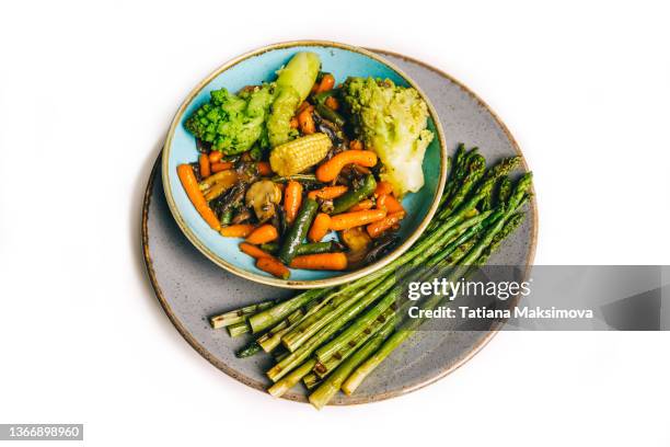 grilled vegetables plate on white background, shot from above. - chou romanesco stock pictures, royalty-free photos & images
