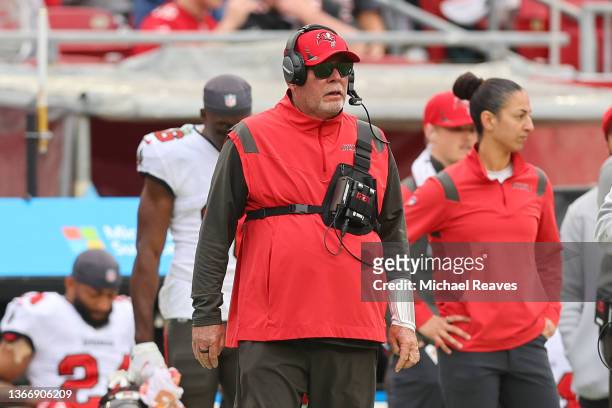 Head coach Bruce Arians of the Tampa Bay Buccaneers looks on against the Philadelphia Eagles in the second half of the NFC Wild Card Playoff game at...