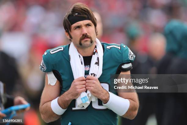 Gardner Minshew of the Philadelphia Eagles reacts on the sideline against the Tampa Bay Buccaneers in the second half of the NFC Wild Card Playoff...