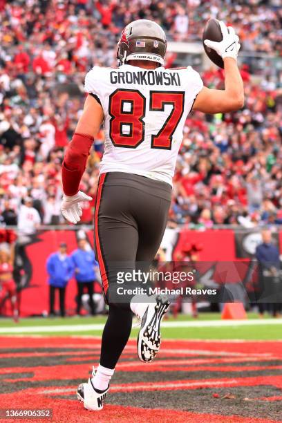 Rob Gronkowski of the Tampa Bay Buccaneers celebrates a touchdown reception against the Philadelphia Eagles in the second half of the NFC Wild Card...