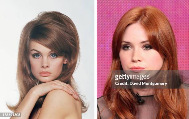 In this composite image a comparison has been made between and actress Karen Gillan. The film biopic 'We'll Take Manhattan' airing in 2012 in January...