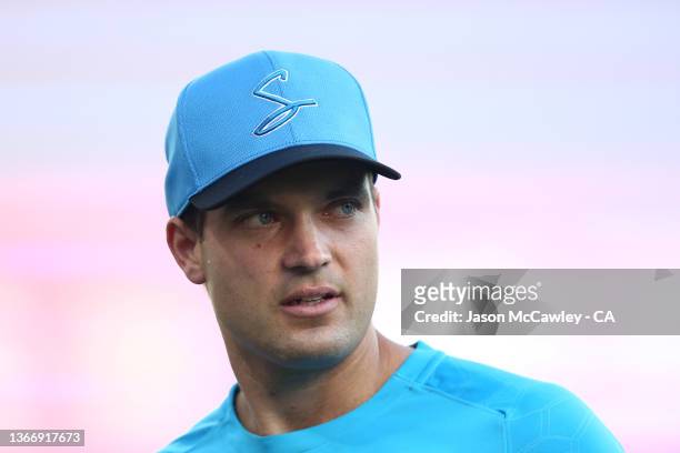 Alex Carey of the Strikers looks on during the Men's Big Bash League match between the Sydney Sixers and the Adelaide Strikers at Sydney Cricket...